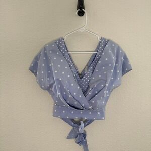 Avec Blue Polka Dot Wrap Front Tie Back‎ Crop Top Coquette Small